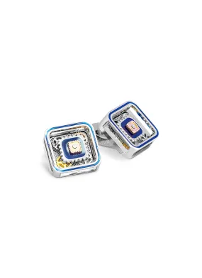 -----------TATEOSSIAN ---- ------------ ----PALLADIUM PLATED BASE BLUE HANDPAINTED ENAMEL DETAILING SQUARE GEAR CUFFLINK --