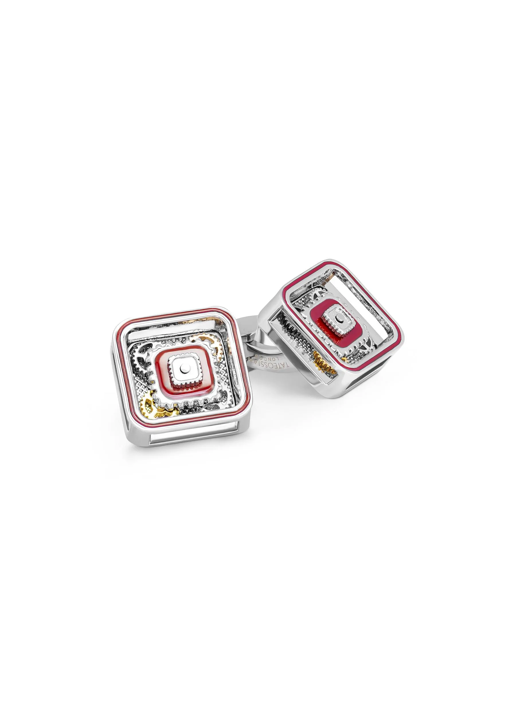 -----------TATEOSSIAN ---- ------------ ----PALLADIUM PLATED BASE RED HANDPAINTED ENAMEL DETAILING SQUARE GEAR CUFFLINK --