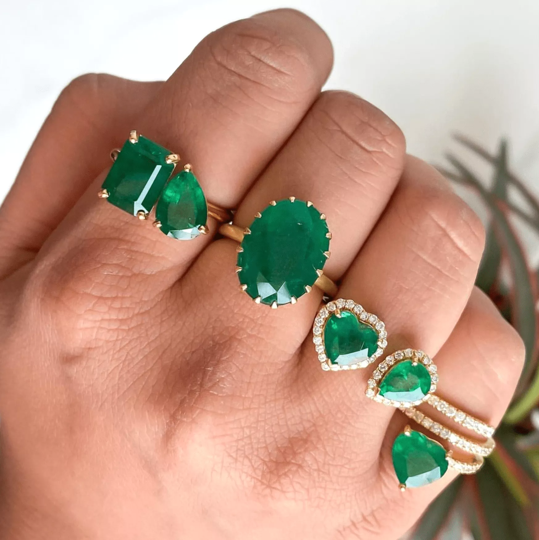 14K & 18K Gold Emerald Double Stone Ring, Emerald & Pear cuts