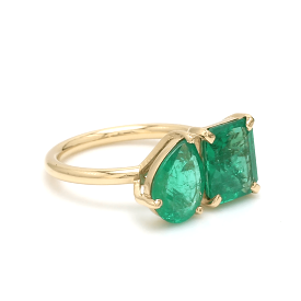 14K & 18K Gold Emerald Double Stone Ring, Emerald & Pear cuts