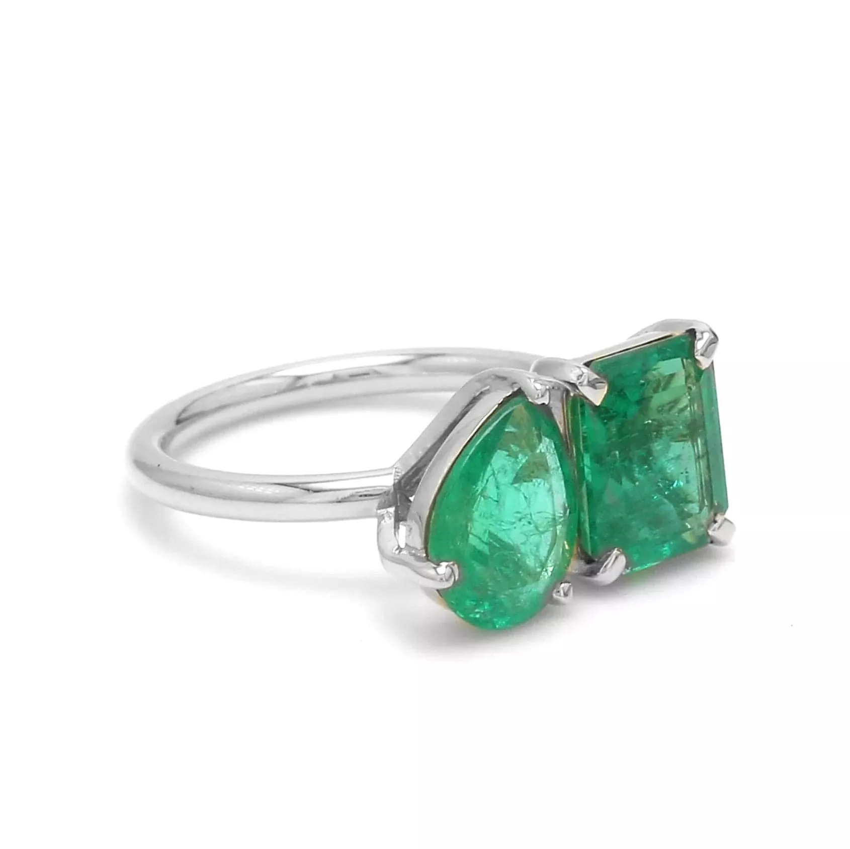 14K & 18K Gold Emerald Double Stone Ring, Emerald & Pear cuts