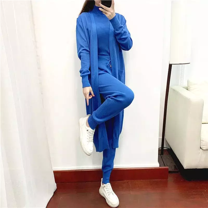 3 Piece Long Cardigan Women Pants Sweater Set