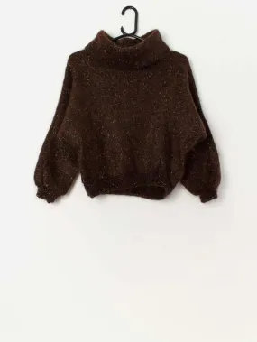 70s vintage fluffy brown sparkly cropped mohair sweater – Small