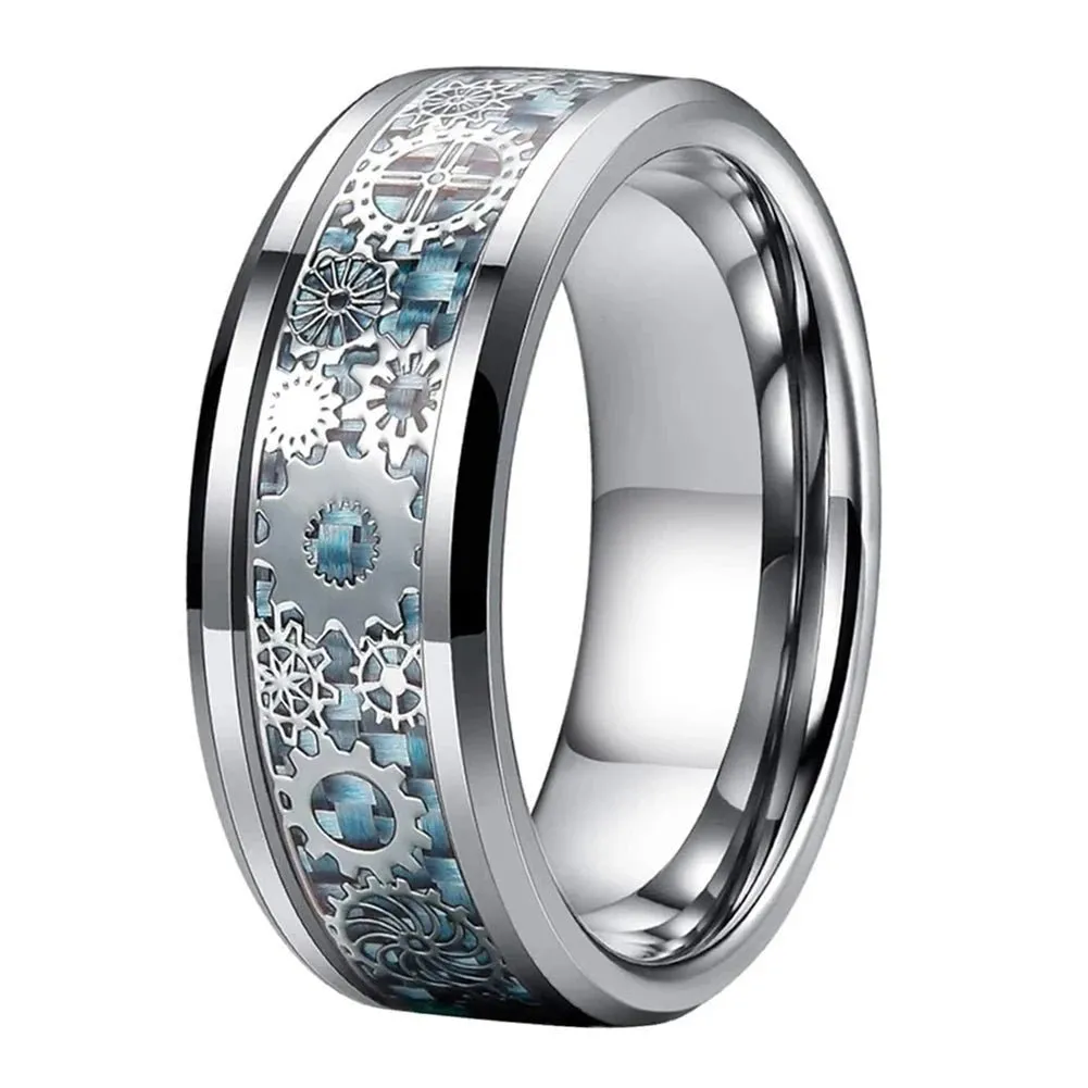 8mm Men's Tungsten Wedding Band with Gear Wheel & Blue Carbon Fiber Inlay