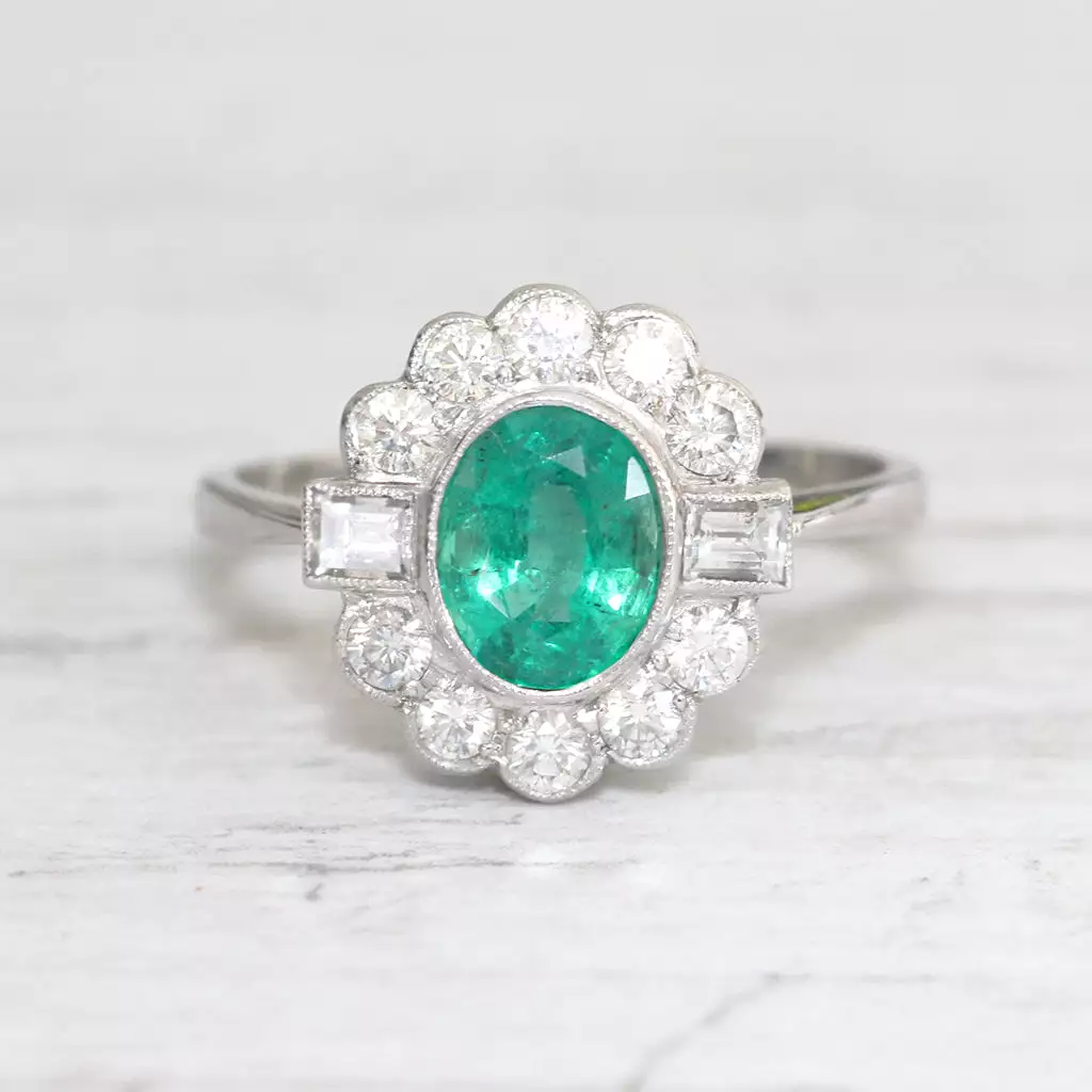 Art Deco Style 1.28 Carat Emerald and Diamond Cluster Ring