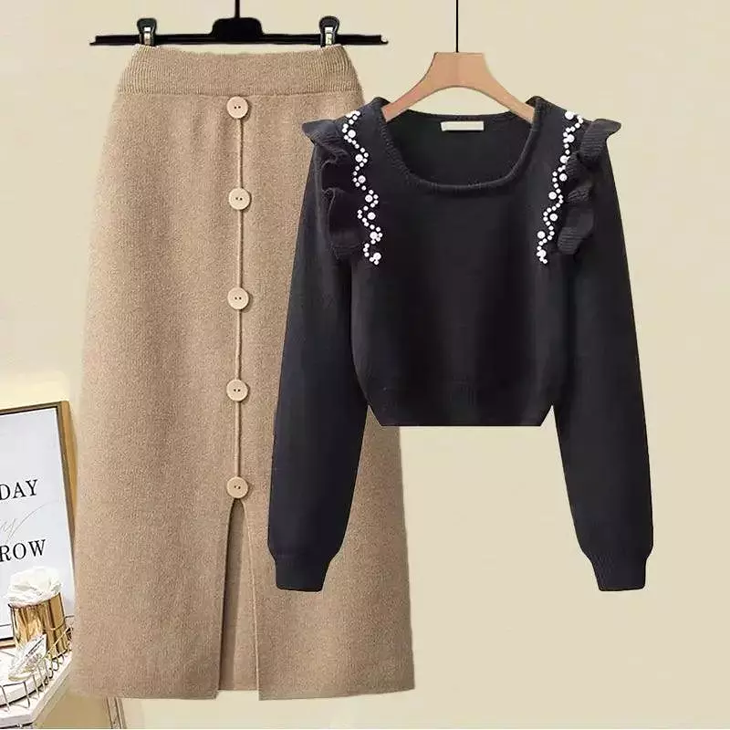 Beaded Sweater Top Women Skirts Outfit Set