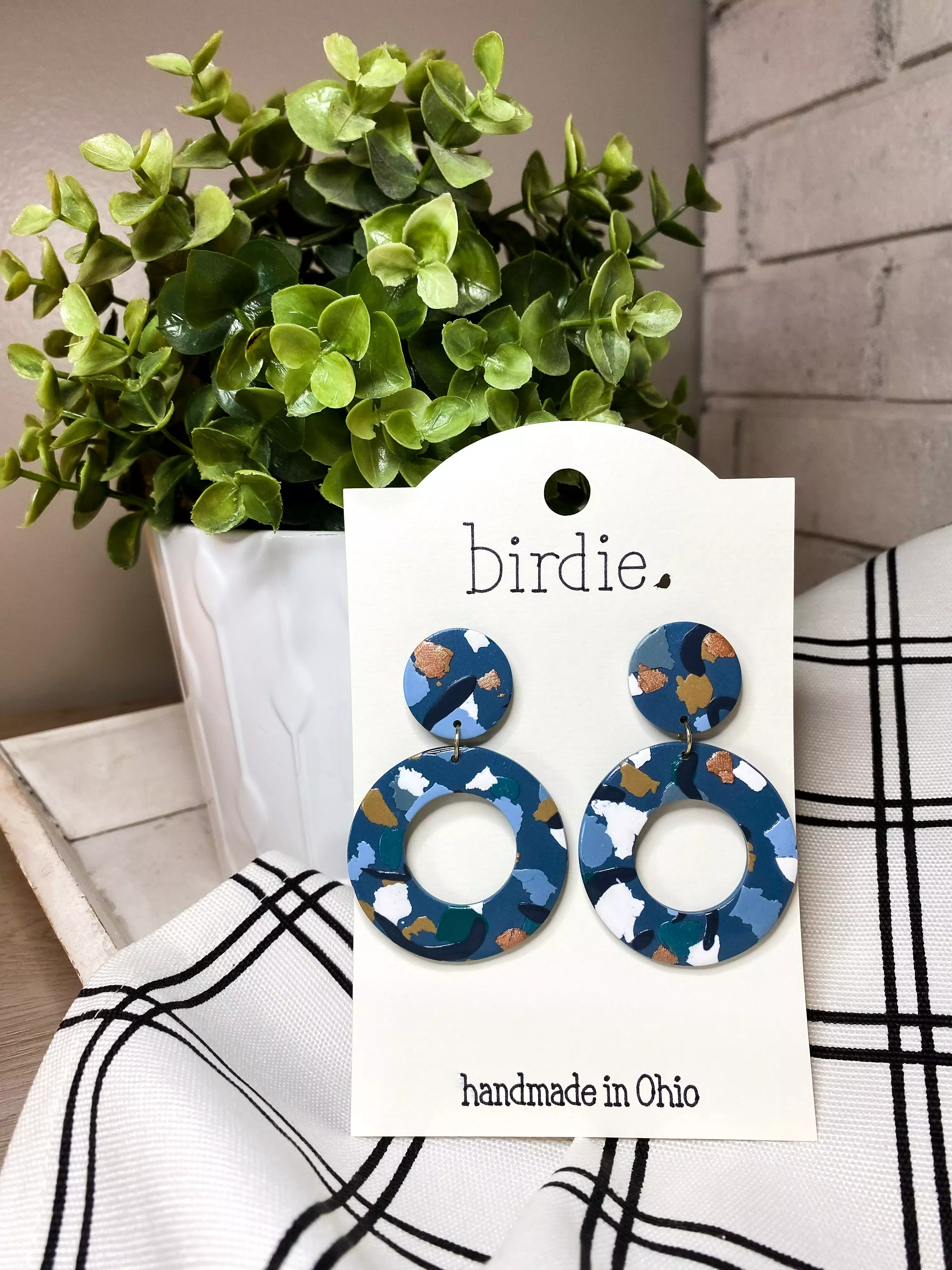 Birdie Large Dangle Open Circle Blue Earrings