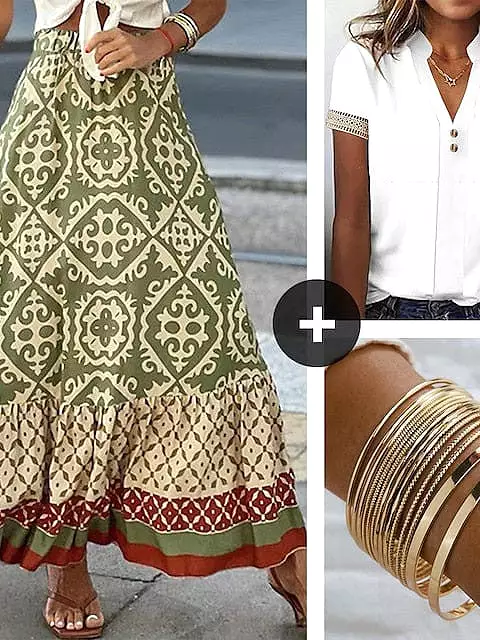 Bohemian 3-Piece Women's Summer Set with Long Skirt, Blouse, and Gold Bracelets