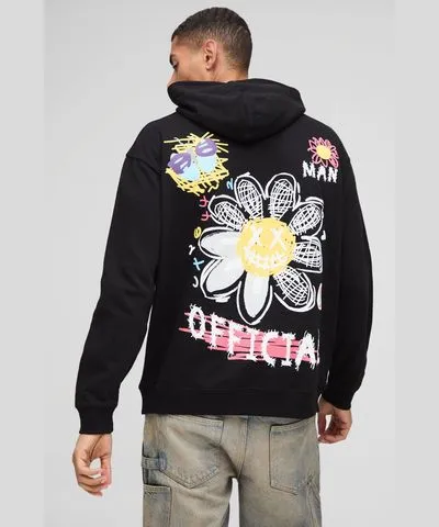 boohooMAN Mens Oversized Floral Doodle Graphic Hoodie