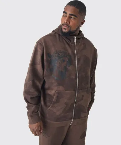 boohooMAN Mens Plus Oversized Zip Thru Renaissance Print Hoodie