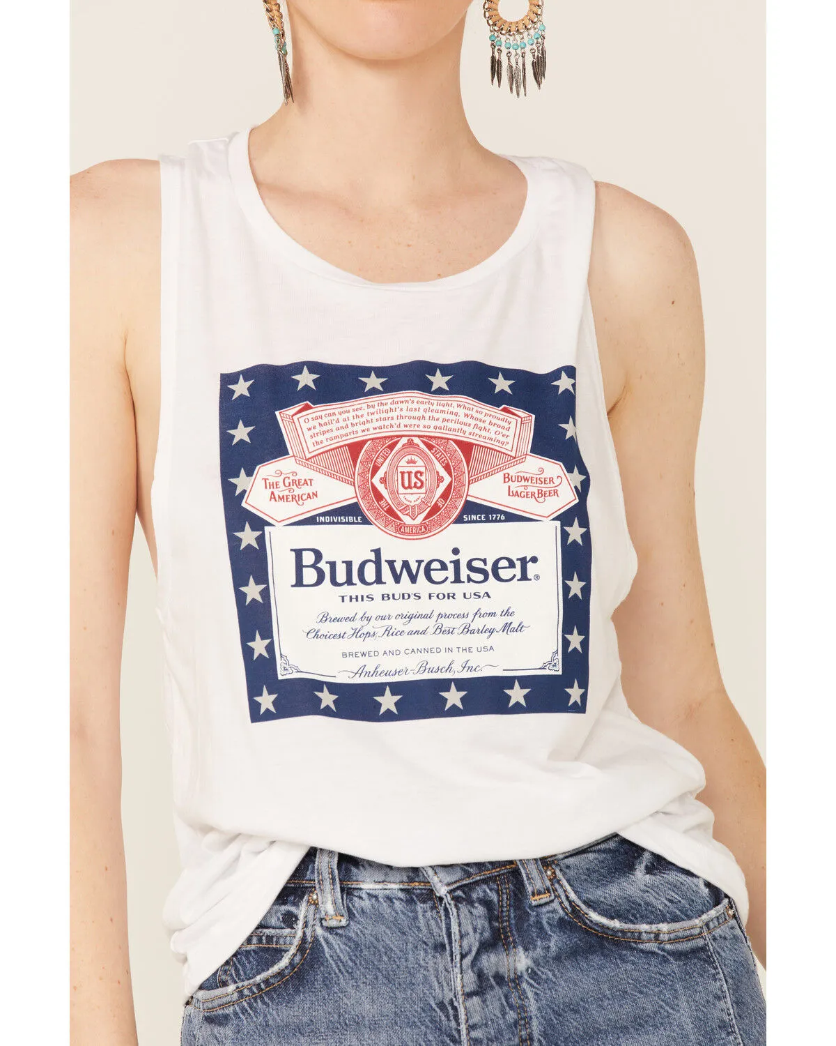 Brew City Beer Gear Women's White Patriotic Budweiser Graphic Muscle Tank