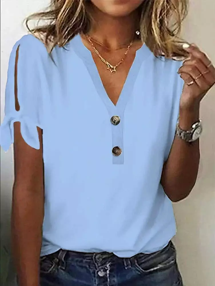 Button Cut Out V-Neck Women's Short Sleeve T-Shirt