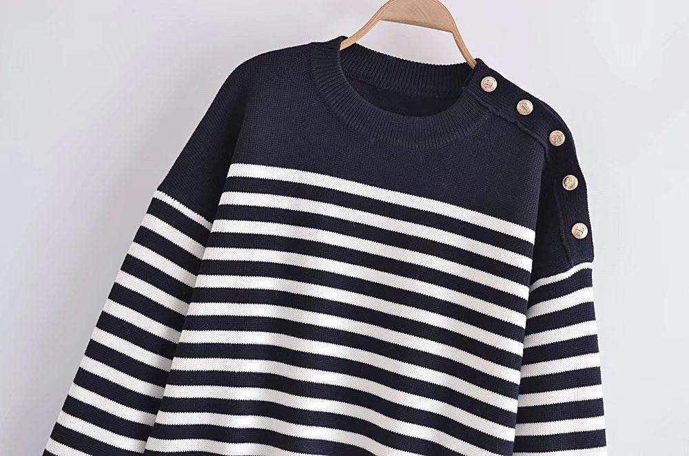 Buttoned Striped Pullover Sweaters