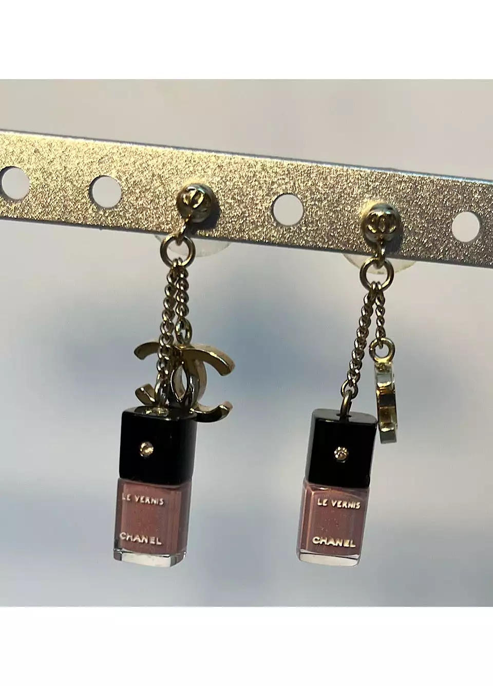 Chanel 08A 2008 Fall Pink Gold Miniature Nail Polish Dangle Pierced Earrings