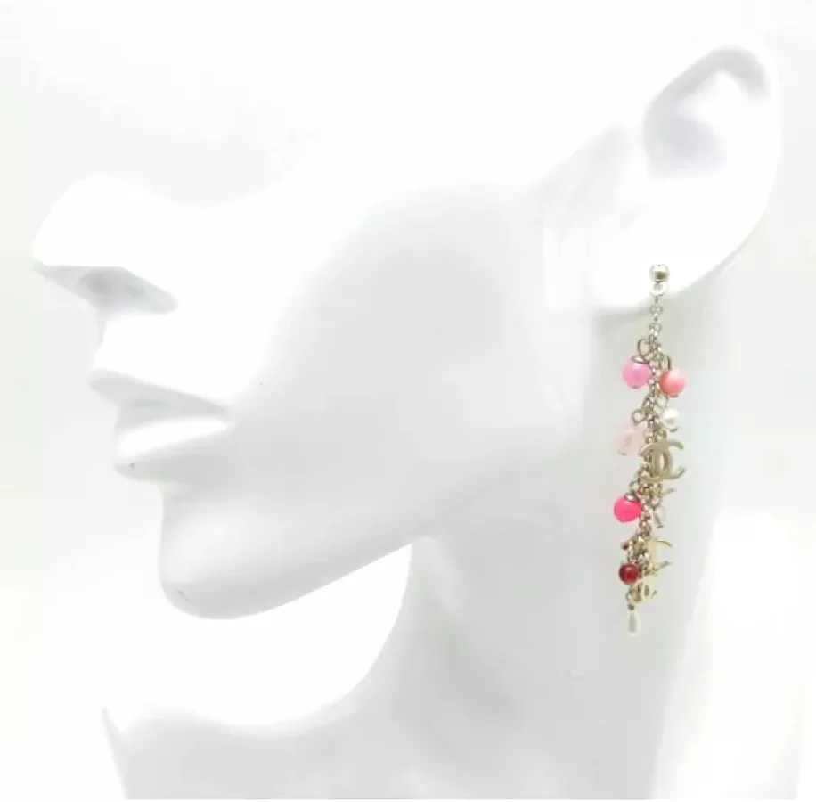 Chanel 19S 2019 long pierced CC pink bead Pearl dangle earrings