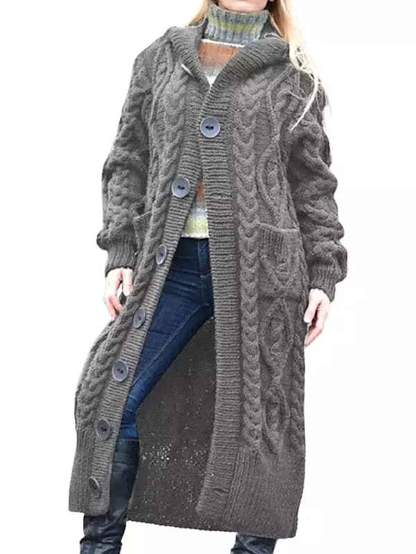 Chunky Cable Knit Hooded Women's Cardigan Sweater with Buttons