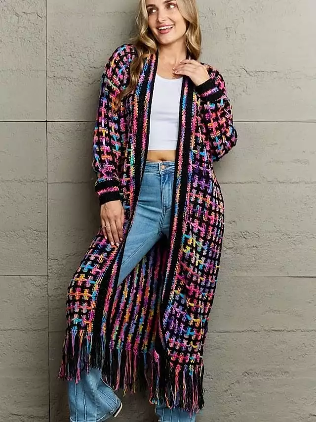 Colorful Plaid Rainbow Cardigan Sweater for Women