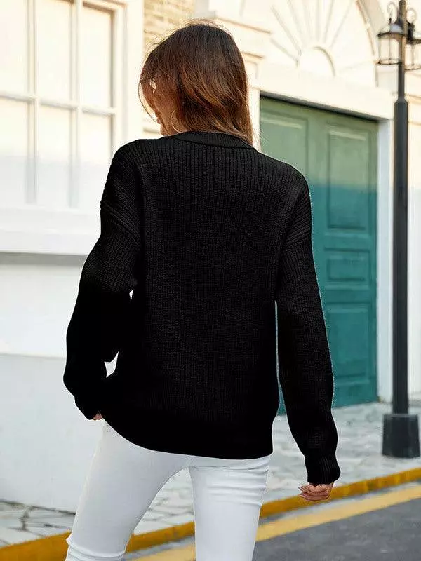 Crew Neck Button Top Pullover Sweater Women