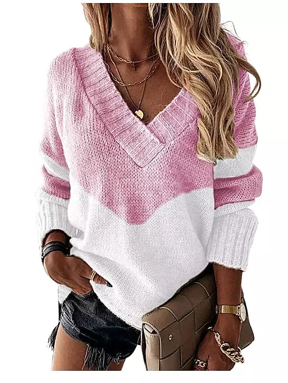 Crochet Knit Patchwork Stripe V-Neck Sweater for Women - Fall/Winter Collection