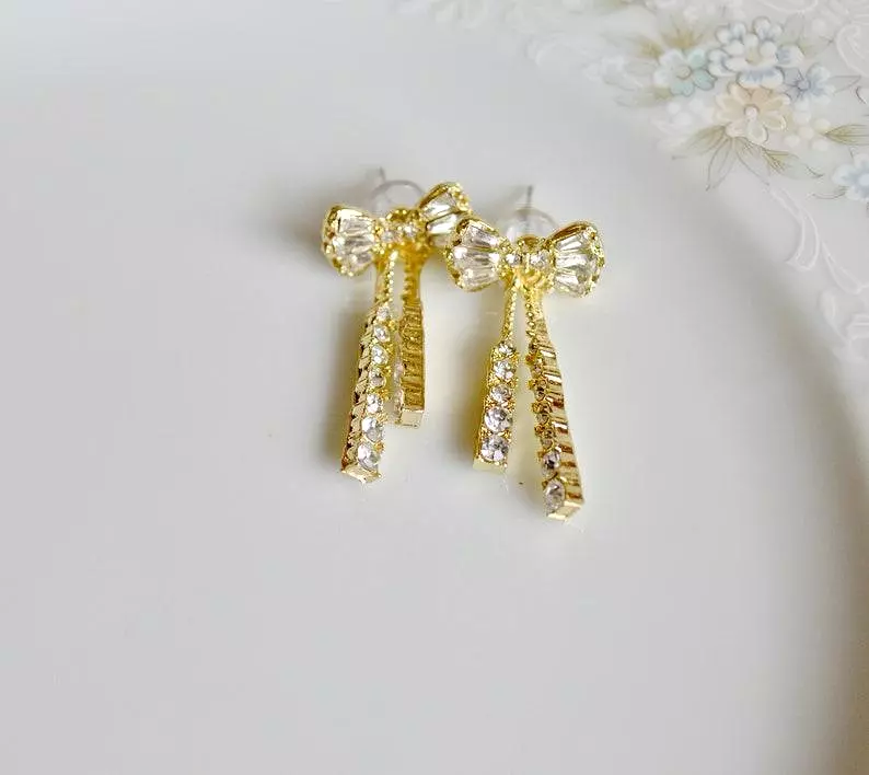 Crystal And Gold Bow Dangle Earrings -S4799425