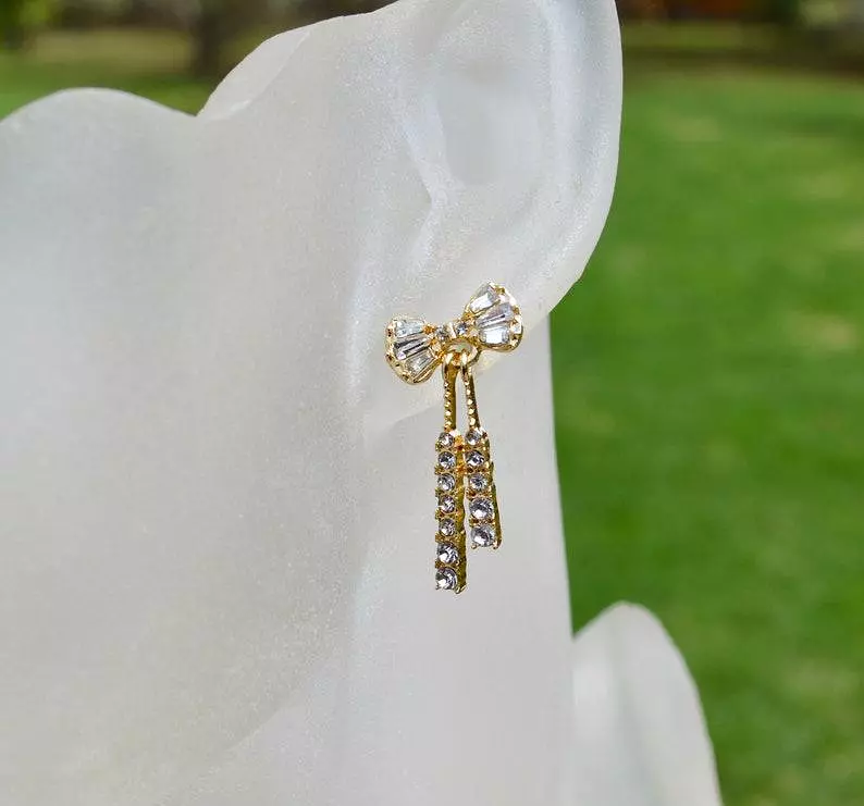 Crystal And Gold Bow Dangle Earrings -S4799425