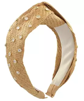 Crystal Studded Raffia Headband - Tan