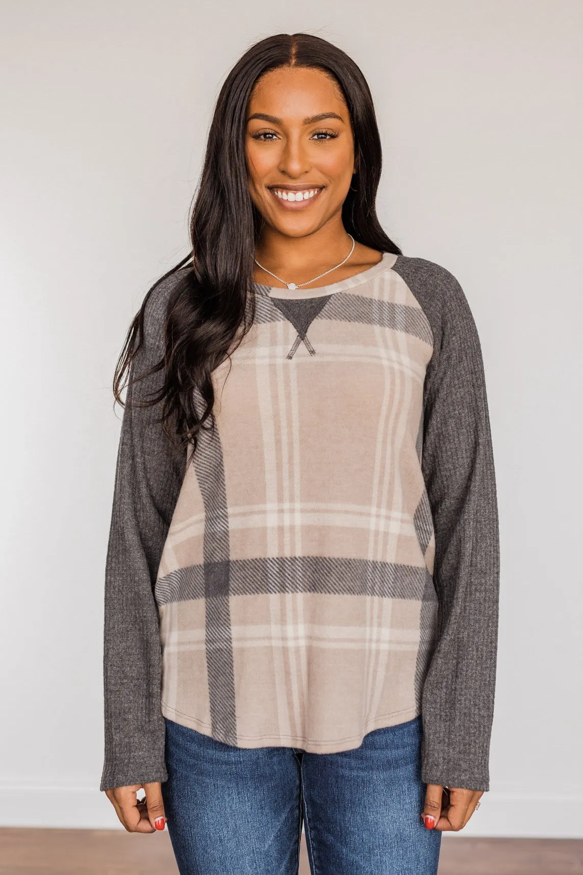 Decadent Days Long Sleeve Top- Taupe & Charcoal