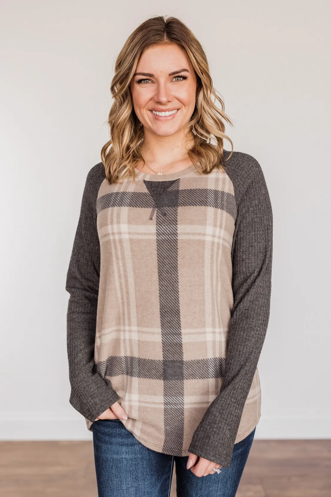 Decadent Days Long Sleeve Top- Taupe & Charcoal