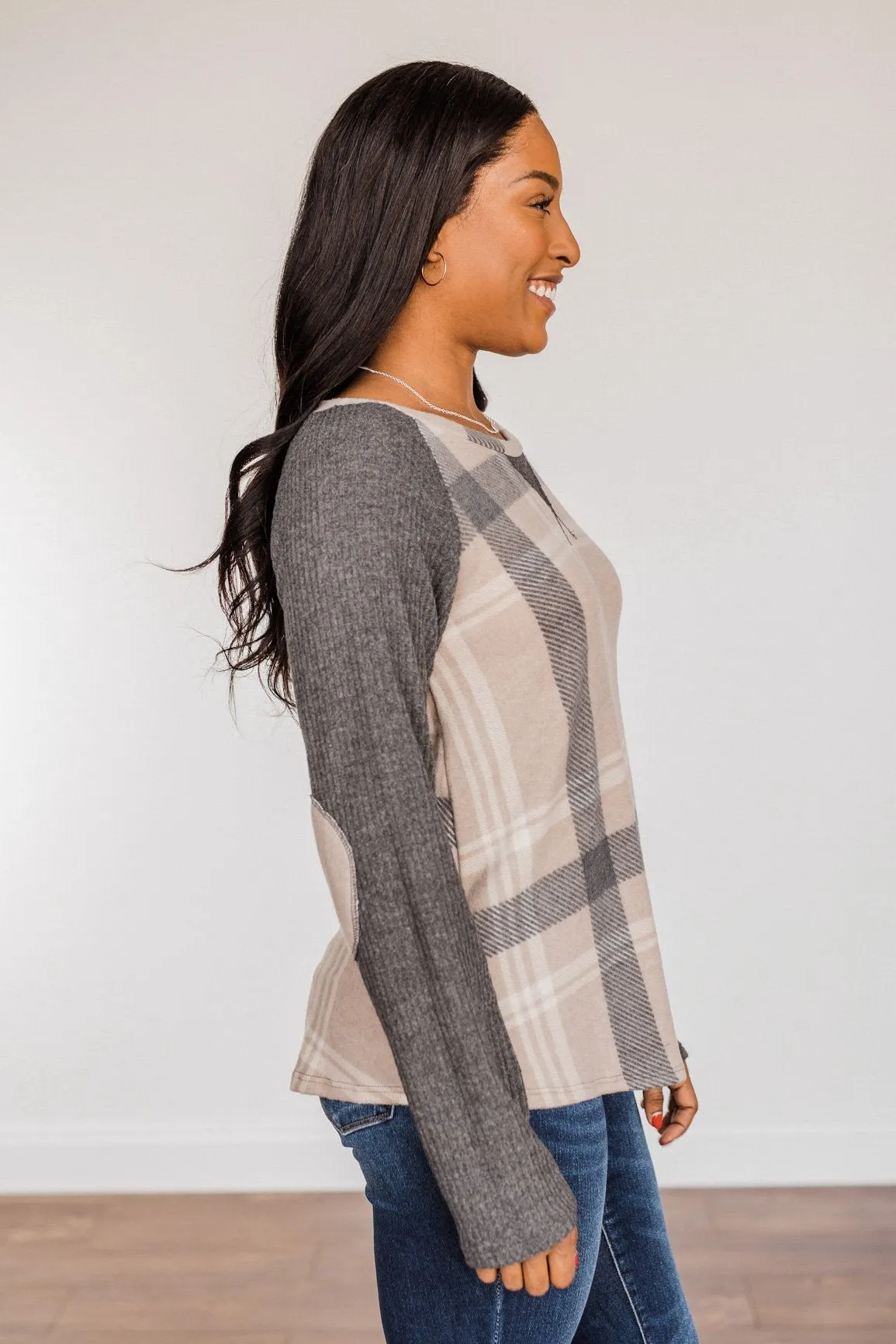 Decadent Days Long Sleeve Top- Taupe & Charcoal