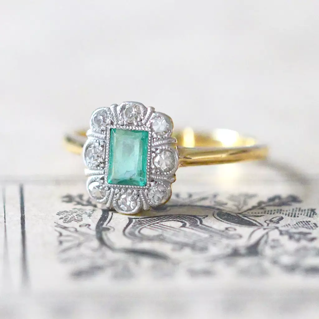 Edwardian Emerald and Diamond Cluster Ring