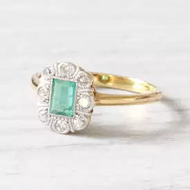 Edwardian Emerald and Diamond Cluster Ring