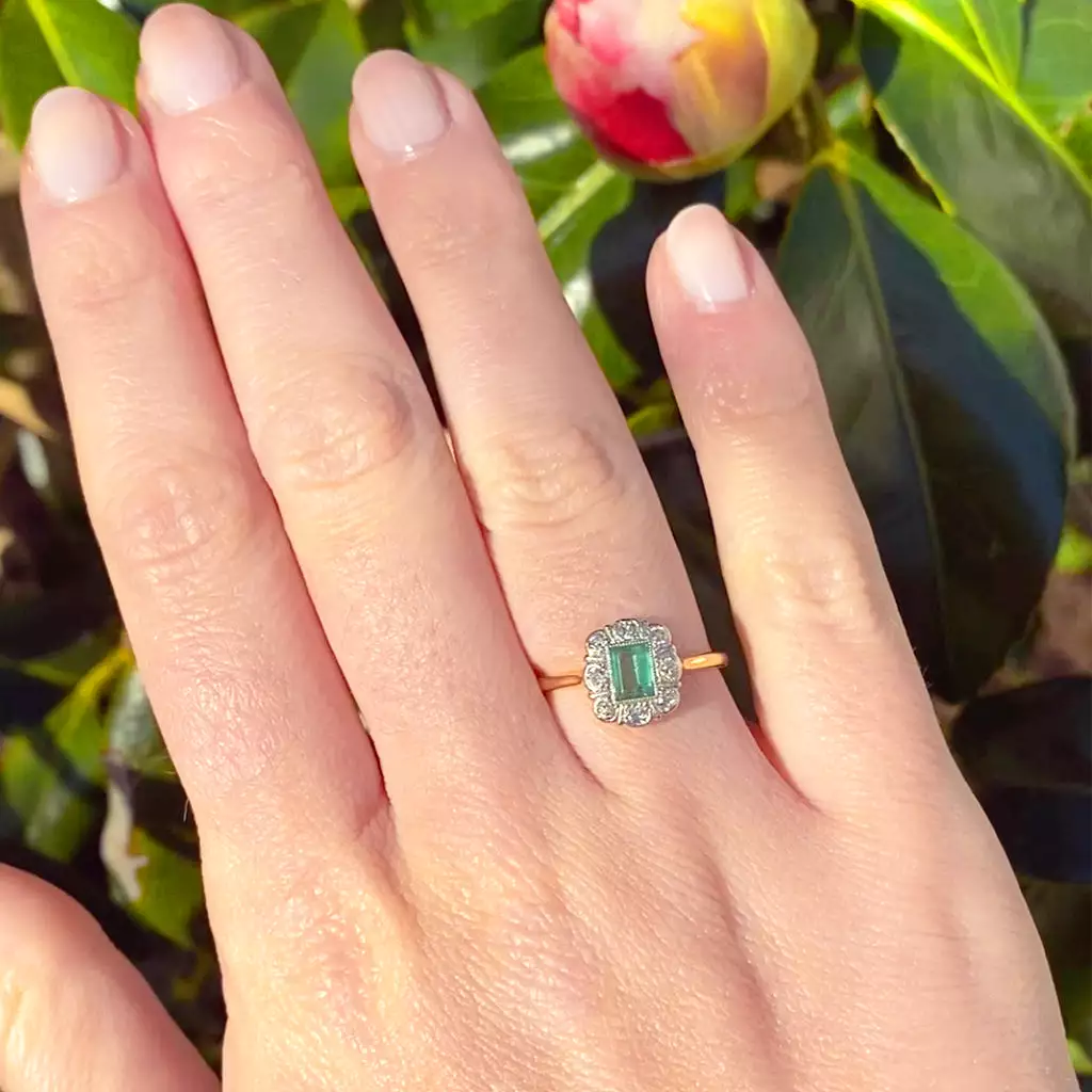 Edwardian Emerald and Diamond Cluster Ring