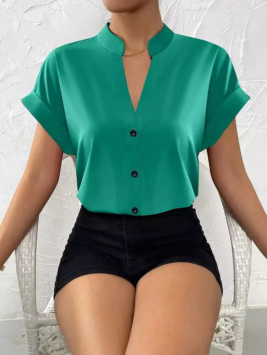 Elegant Standing Collar Women's Short Sleeve Blouse