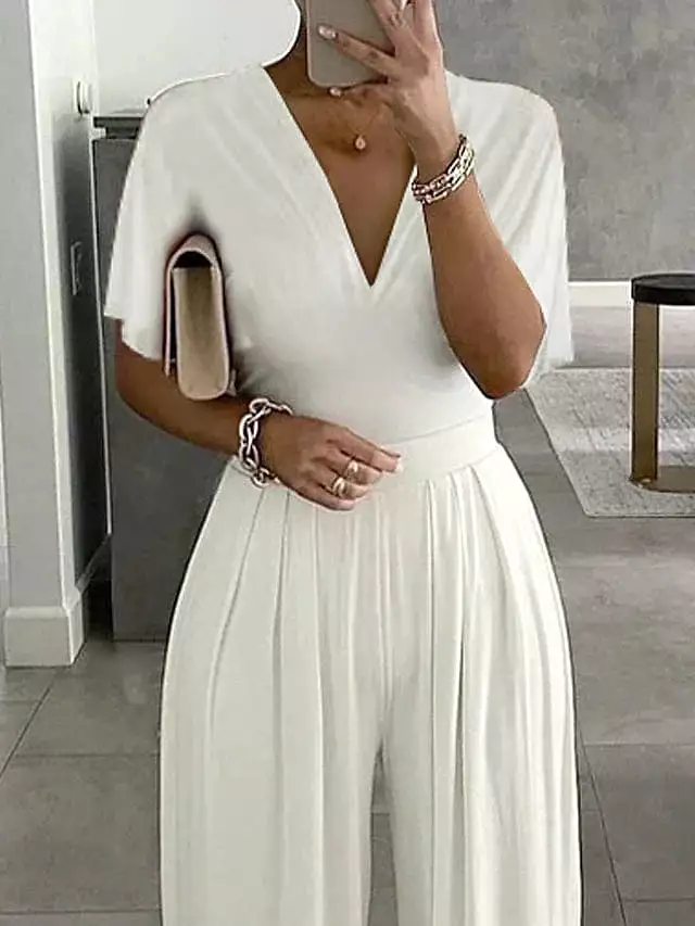 Elegant V-Neck Women's Summer Jumpsuit with Short Sleeve