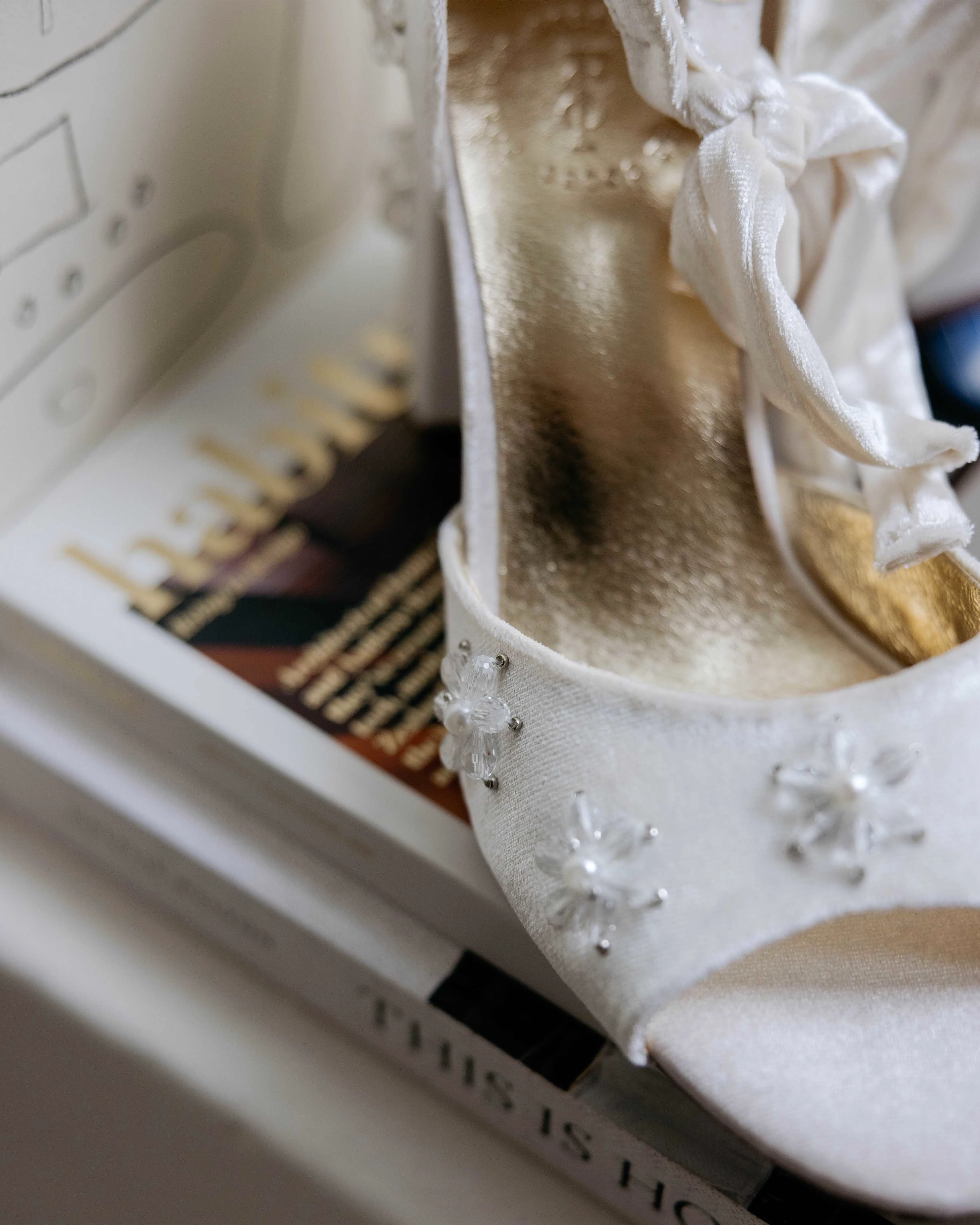 EMOTION - VELVET WEDDING HEELS WITH PEARL AND CRYSTAL FLOWERS