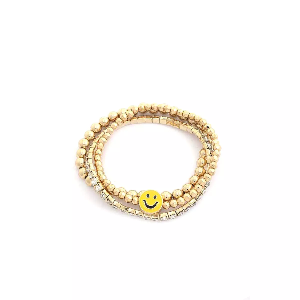 Enamel Happy Face Charm Rhinestone Ball Bead Bracelet Set