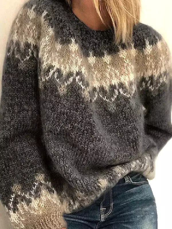 Fair Isle Knit Crew Neck Winter Sweater for Women