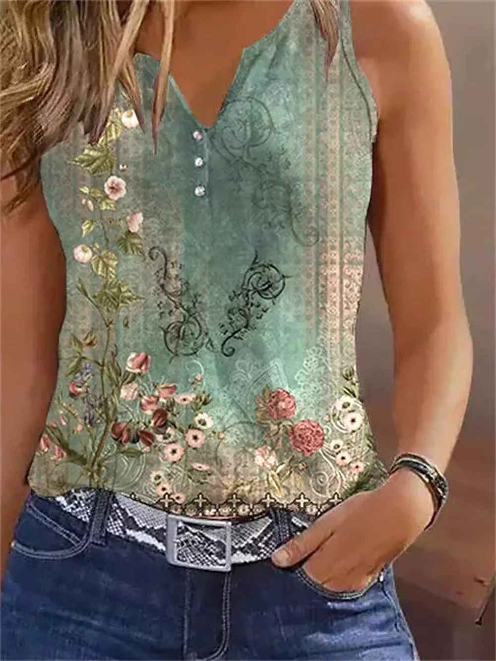 Floral Print Button V-Neck Short Sleeve Women's Tank Top