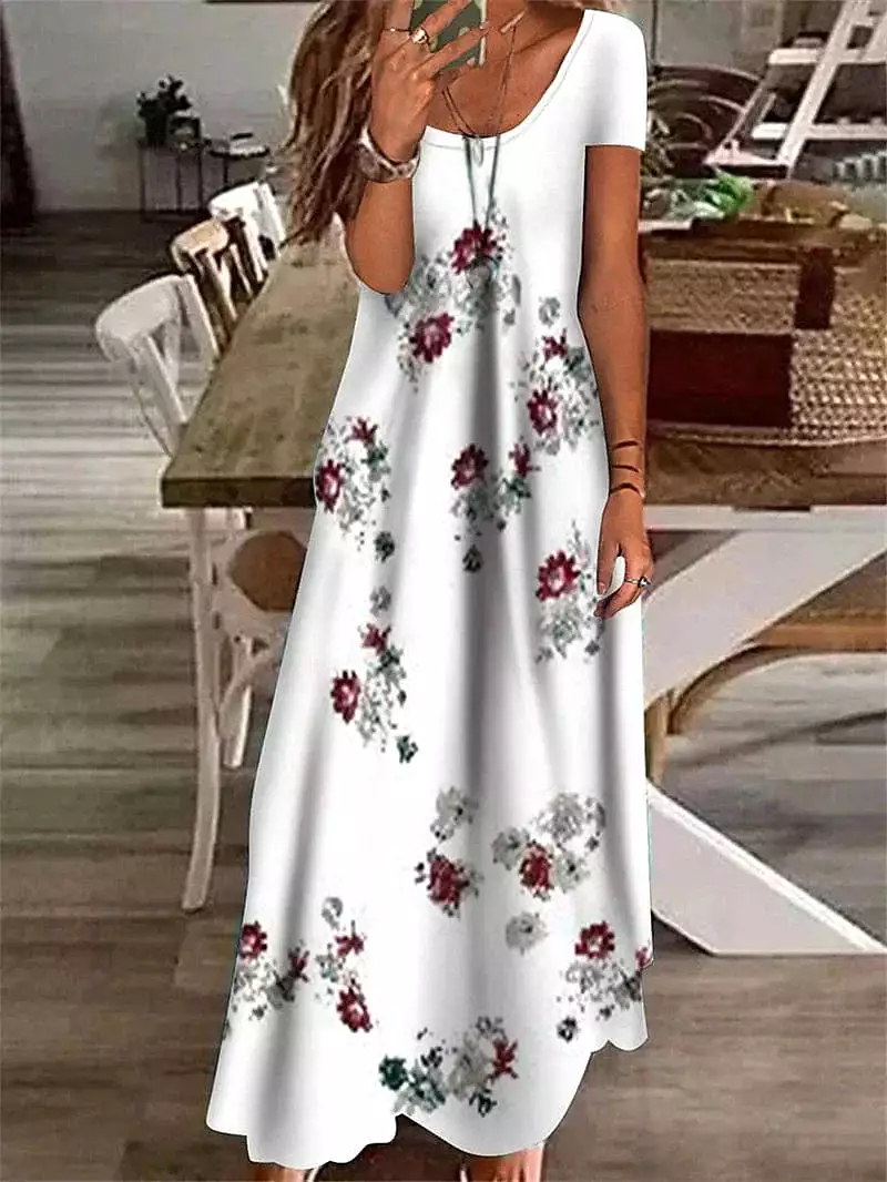 Floral Print Shift Maxi Dress with Short Sleeves for Women