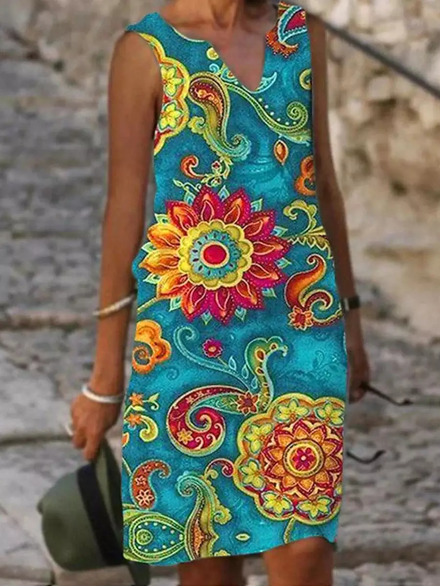 Floral Sequin Tank Dress for Women: Short Sleeve V Neck Midi Dress