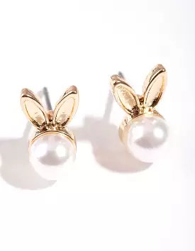 Gold & Pearl Bunny Stud Earrings