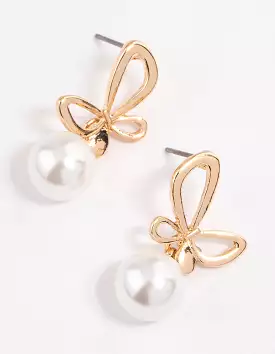 Gold Butterfly Pearl Drop Earrings