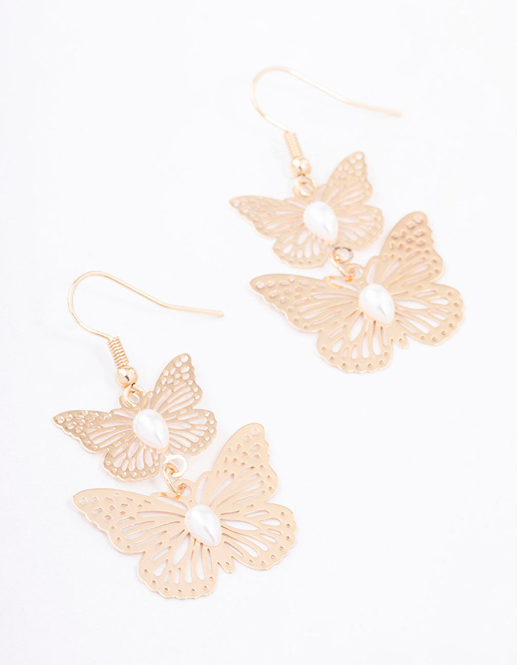 Gold Double Pearl Butterfly Drop Earrings