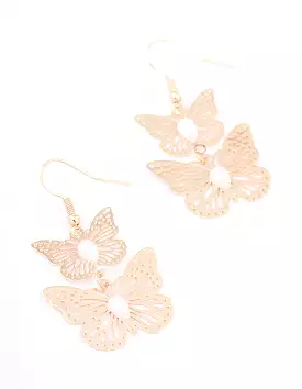 Gold Double Pearl Butterfly Drop Earrings