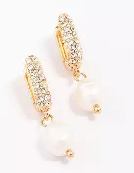 Gold Small Diamante & Pearl Drop Earrings