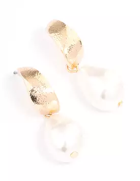 Gold Warped Hoop Pearl Drop Earrings