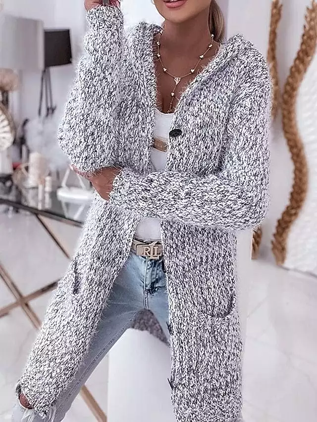 Gray Crochet Knit Open Front Women's Cardigan Sweater