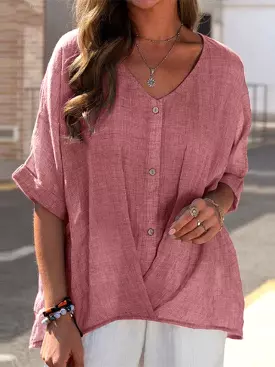 Half Sleeve Loose V Neck Casual Women Top