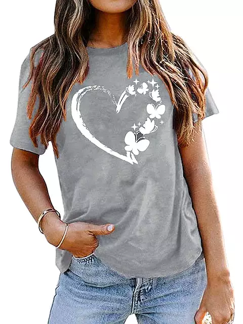 Heart Butterfly Print 100% Cotton Women's T-shirt Peace Green & Black White Basic Short Sleeve