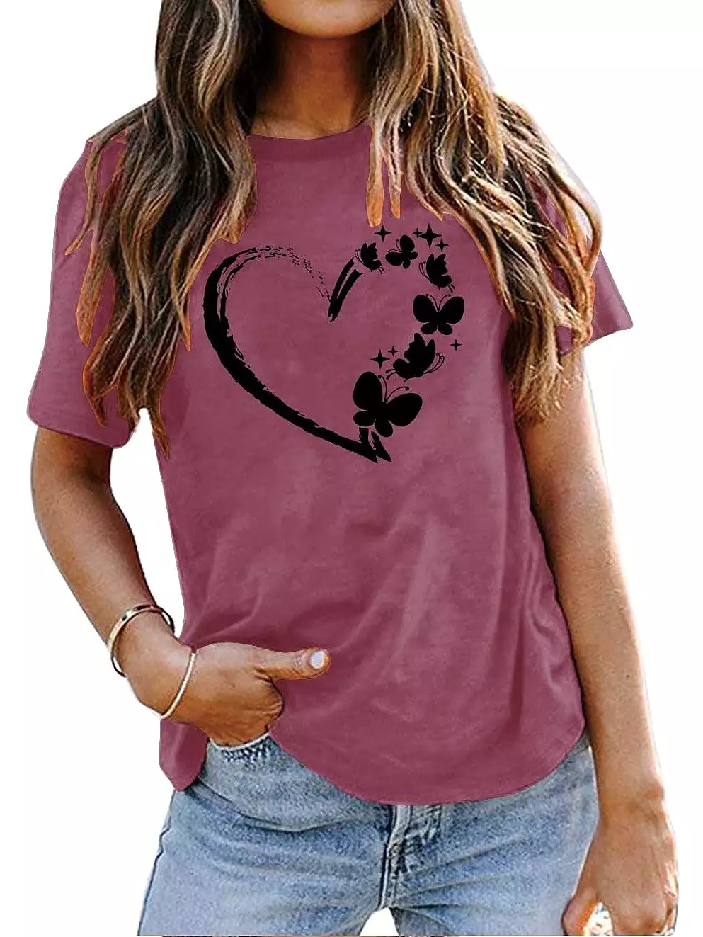 Heart Butterfly Print 100% Cotton Women's T-shirt Peace Green & Black White Basic Short Sleeve